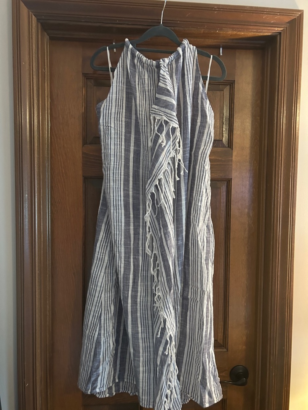 aerie Blue and White Striped Midi Dress with Fringe